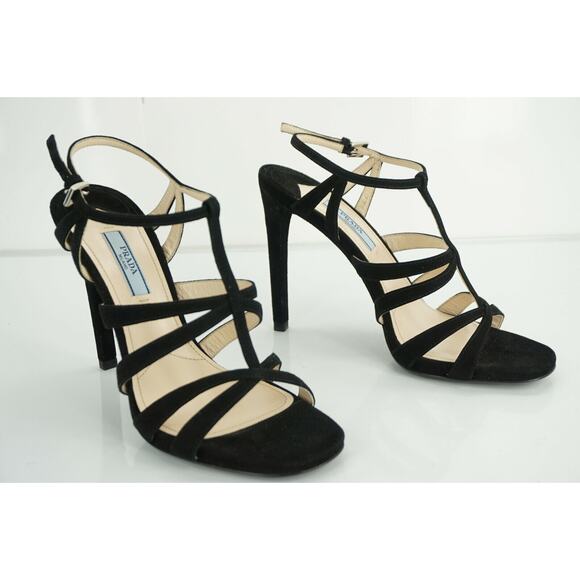 Prada Strappy Black Suede Strappy High Heel Cage Sandals Ankle Strap - Picture 1 of 10